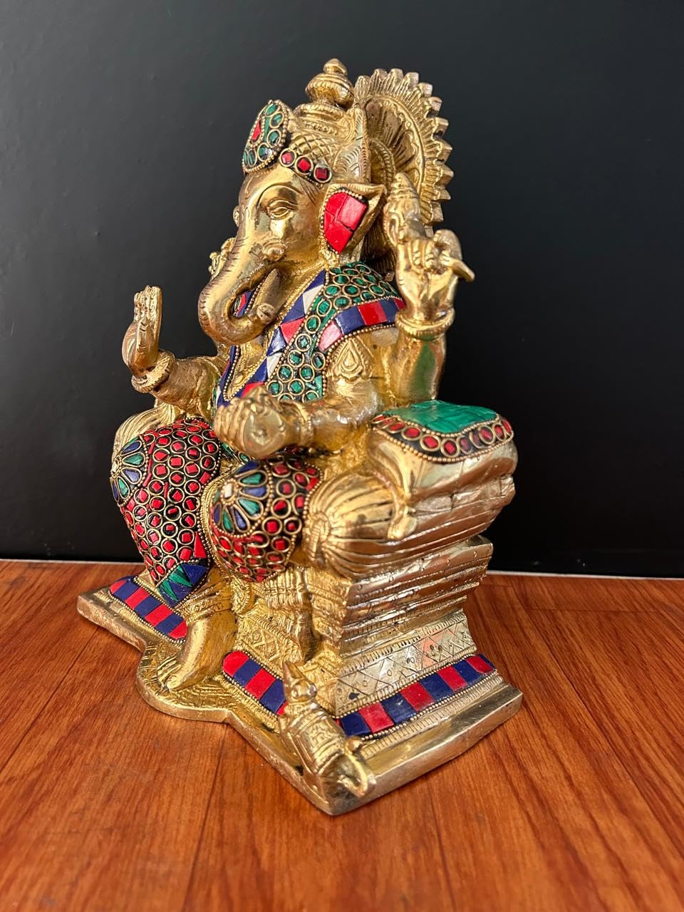 Brass Ganesha Statue With Mosaic, 24 Cm Stone Work Brass Ganesh Statue, Ganpati Idol, Good Luck Gift For New Beginnings, House W
